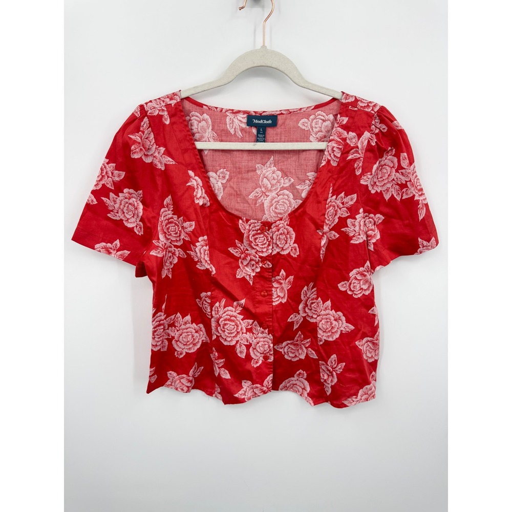 ModCloth Floral Button Front Blouse Women L Red White Rose Puff Sleeve Cotton